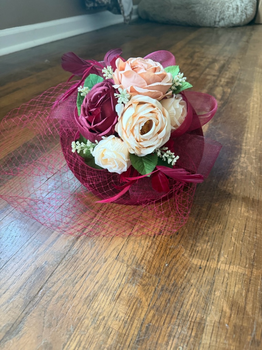 Floral Mesh Fascinator Hat - Burgundy and Cream
